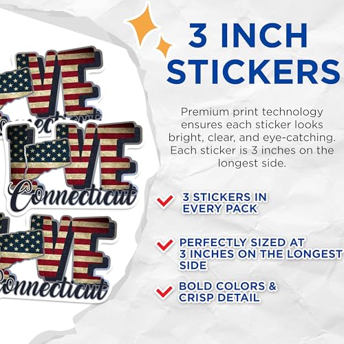 (3 Pack) Connecticut Decals - American Flag Decal - Connecticut Laptop Decal - 3 Inches On Longest Side - Easy Peel & Apply - Made in USA - 3MCS0298