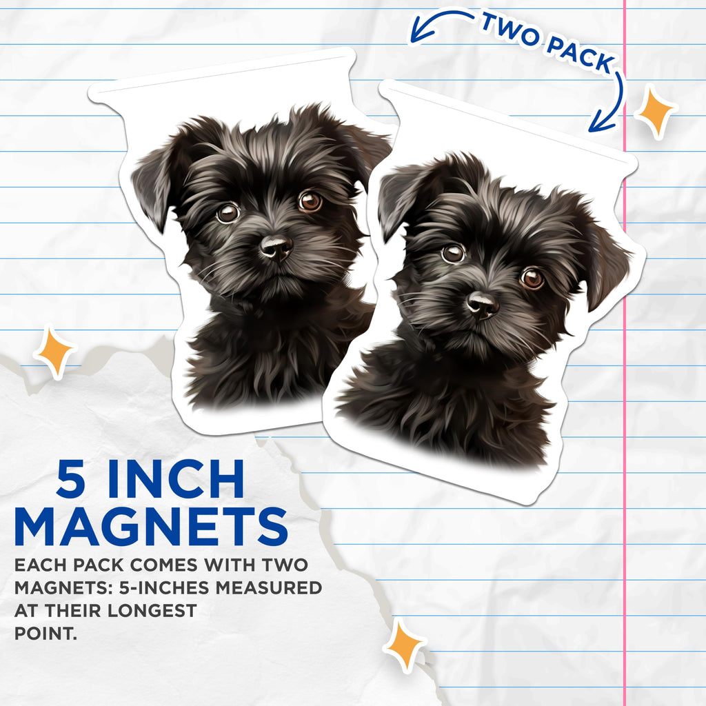 (2 Pack) Cute Black Puppy Magnets - Fluffy Dog Pet Lover Decor - Animal Art Refrigerator Office - 5 Inches On Longest Side - Thick Durable Magnet - Made in USA - MAG28541