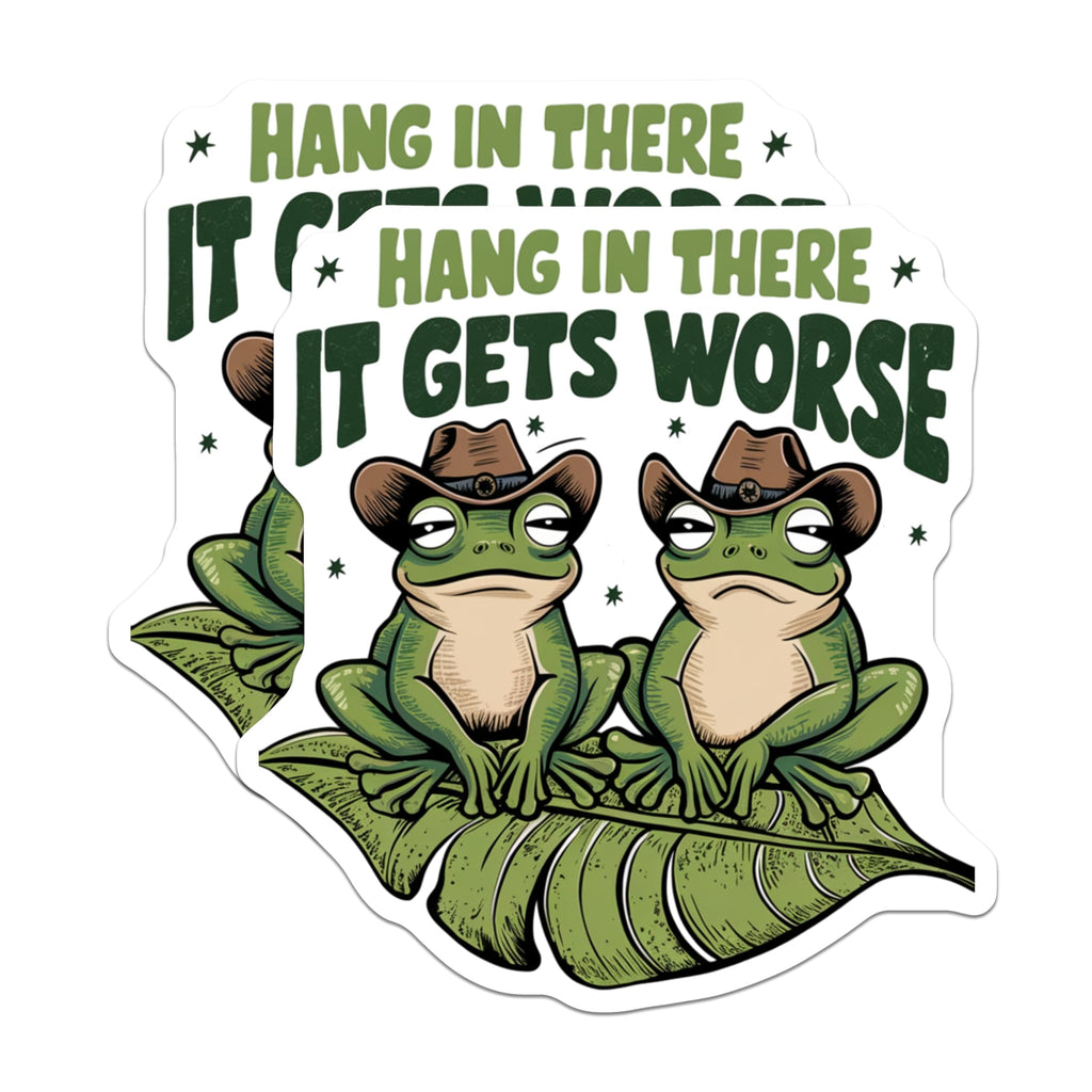 (2 Pack) Hang in There Frog Stickers - It Gets Worse Frog Decal - Motivational Cute Frog Stickers - 5" On Longest Side - Sticks to Smooth Flat Surfaces - Made in USA - BMCS5021