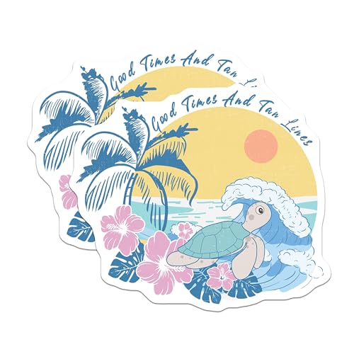 (2 Pack) Good Times and Tan Lines Stickers - Turtle Beach Design - Tropical Vibes Decor - 5" On Longest Side - Sticks to Smooth Flat Surfaces - Made in USA - BMCS5931