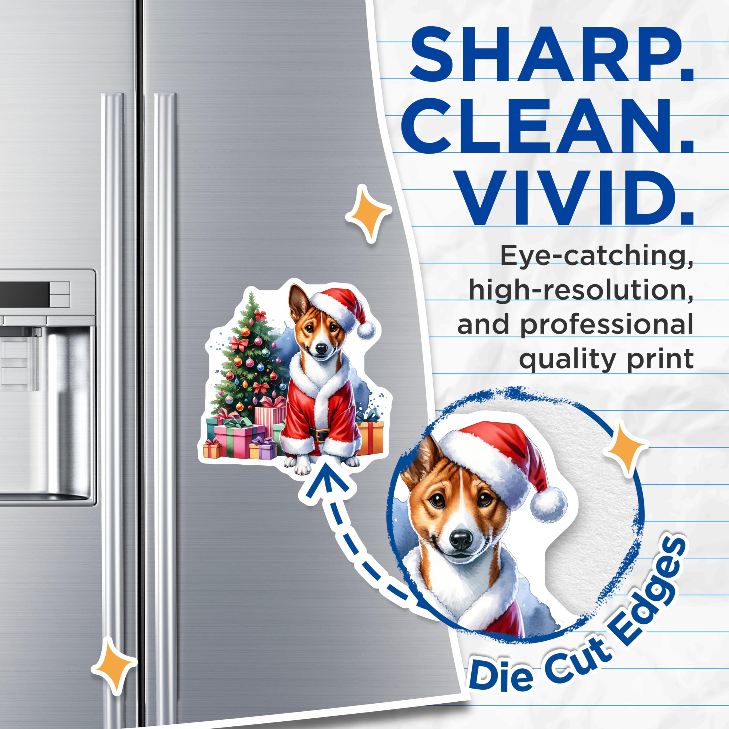 (2 Pack) Christmas Dog Magnets - Festive Santa Basenji Decor - Winter Holiday Canine Art - 5 Inches On Longest Side - Thick Durable Magnet - Made in USA - MAG24358