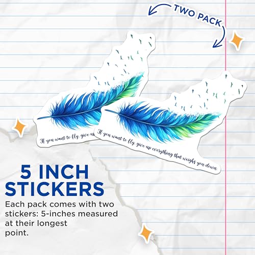 (2 Pack) Inspirational Feather Stickers - Motivational Quote - Blue Feather with Birds - Uplifting Message Decal - 5" On Longest Side - Sticks to Smooth Flat Surfaces - Made in USA - BMCS7554