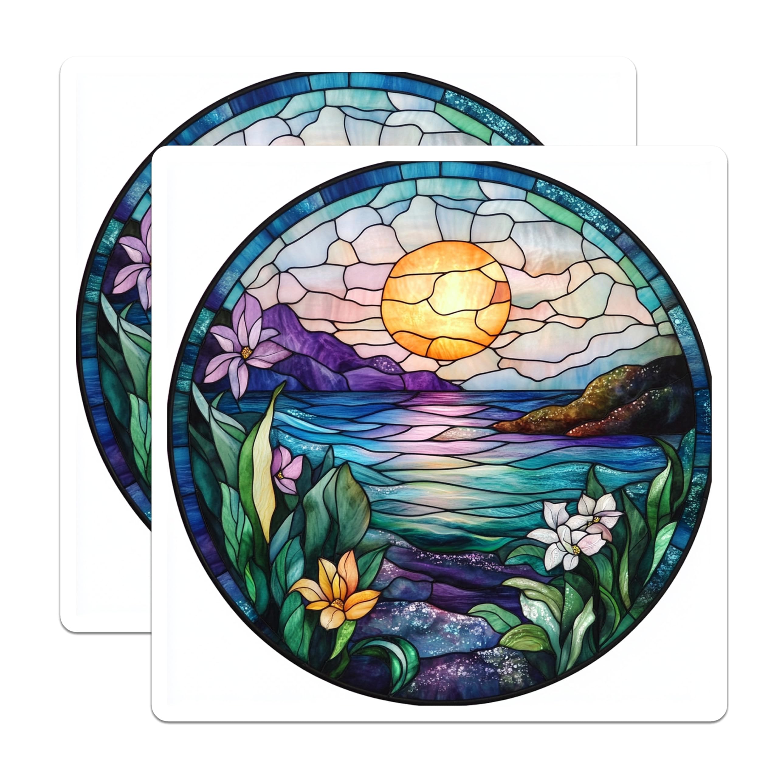 (2 Pack) Stained Glass Magnets - Ocean Sunset Tropical Floral - Vibrant Artistic Refrigerator Accent - 5 Inches On Longest Side - Thick Durable Magnet - Made in USA - MAG24550