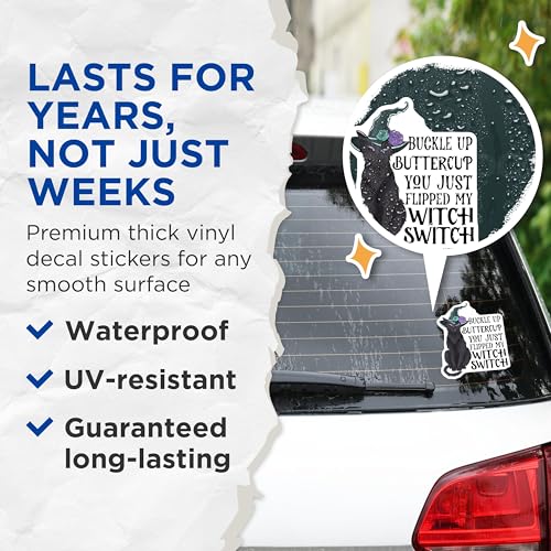 (2 Pack) Buckle Up Buttercup Stickers - Witch Switch Stickers - Black Cat Witch Stickers - 5" On Longest Side - Sticks to Smooth Flat Surfaces - Made in USA - BMCS4168