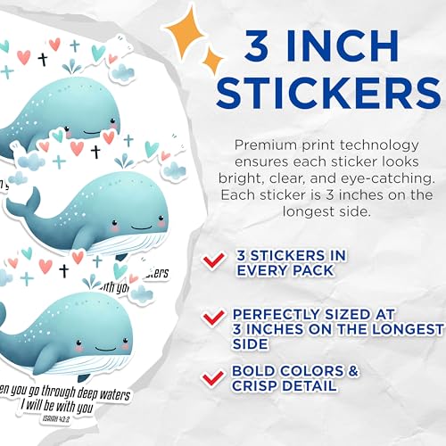 (3 Pack) Bible Verse Decals - Christian Whale Decal - Religious Laptop Decal - 3 Inches On Longest Side - Easy Peel & Apply - Made in USA - 3MCS1630