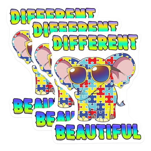 (3 Pack) Autism Elephant Decals - Puzzle Piece Elephant - Different Beautiful - Awareness Decals- 3 Inches On Longest Side - Easy Peel & Apply - Made in USA - 3MCS5398