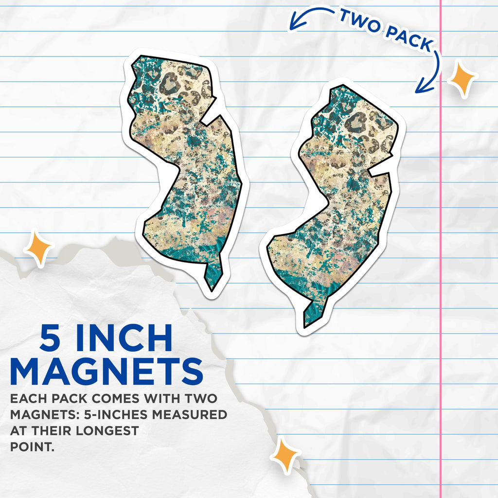 (2 Pack) New Jersey State Magnets - Leopard Print NJ Map Shape - Distressed Teal Blue Grunge Decor - Artistic State Pride - 5 Inches On Longest Side - Thick Durable Magnet - Made in USA - MAG19313