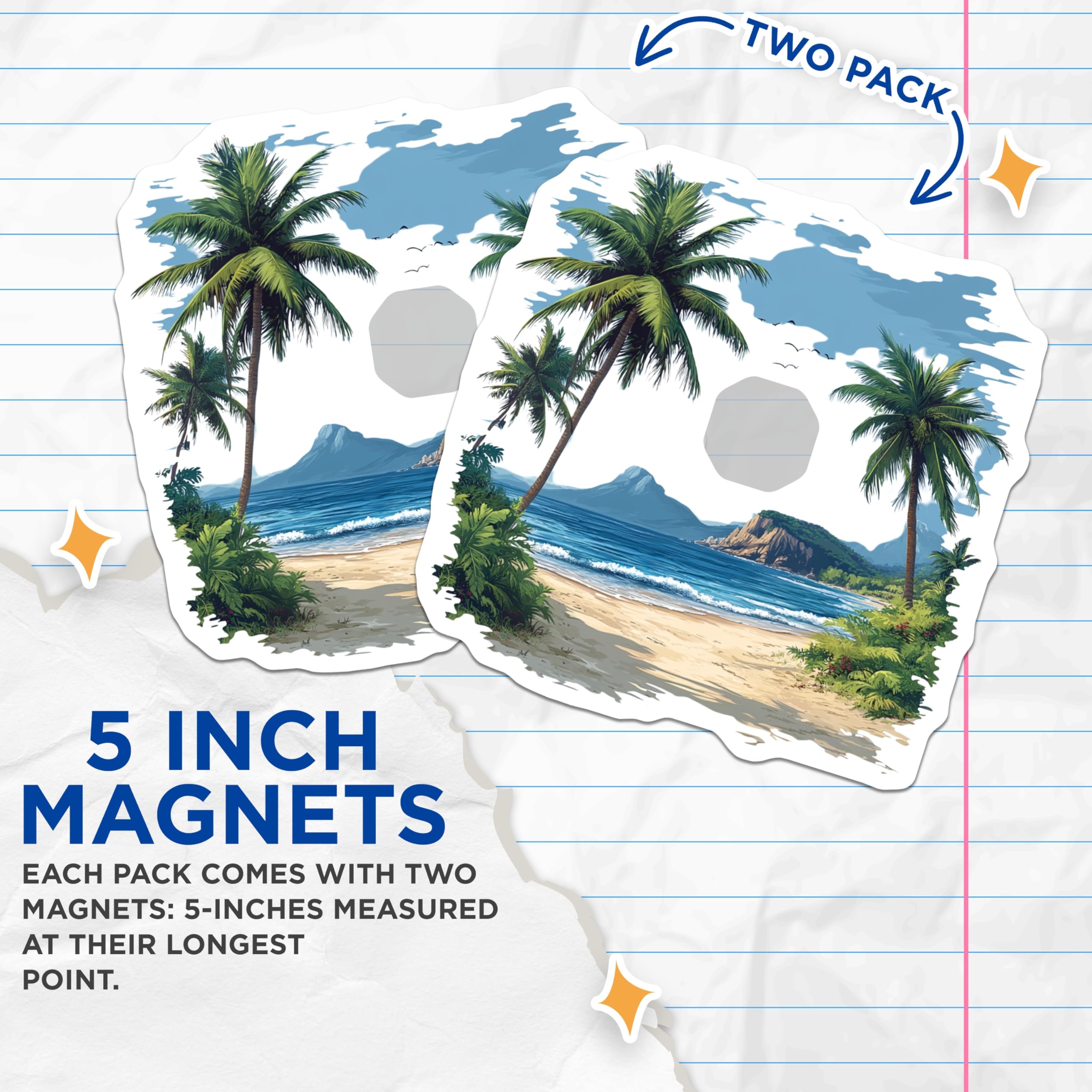(2 Pack) Tropical Beach Magnets - Ocean View Decor - Palm Tree Scene Fridge Decor - 5 Inches On Longest Side - Thick Durable Magnet - Made in USA - MAG28080