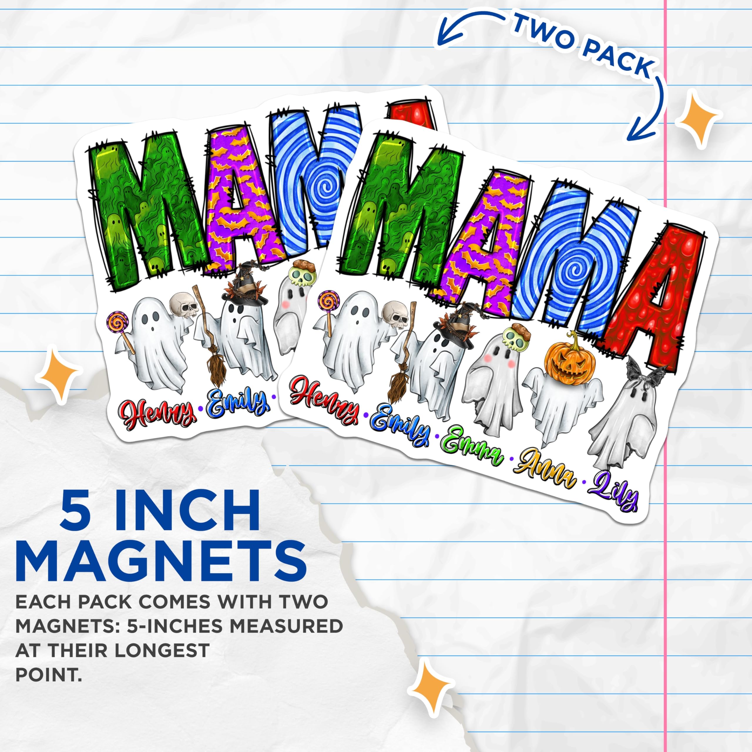 (2 Pack) Halloween Mama Magnets - Personalized Kids Names - Spooky Ghost Decor - 5 Inches On Longest Side - Thick Durable Magnet - Made in USA - MAG30739