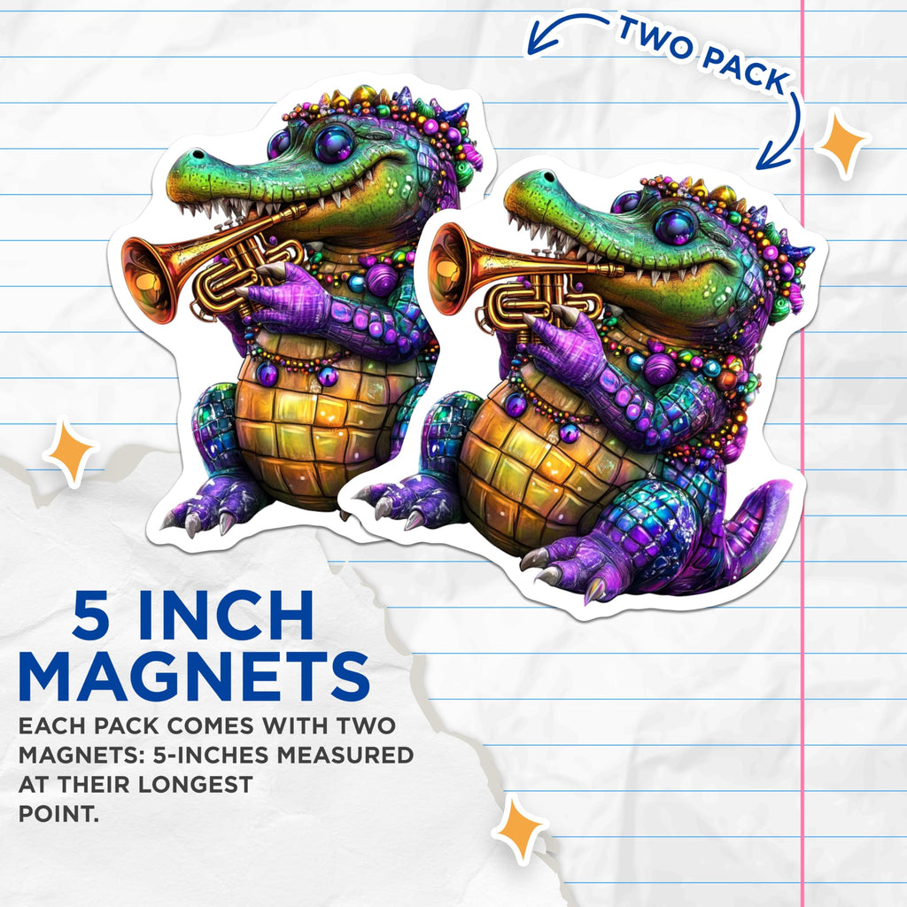 (2 Pack) Alligator Trumpet Magnets - Mardi Gras Gator - New Orleans Decor Magnets - 5" On Longest Side - Premium Magnet - for Cars, Refrigerators, Toolboxes, Lockers - Made in USA - MAG14785