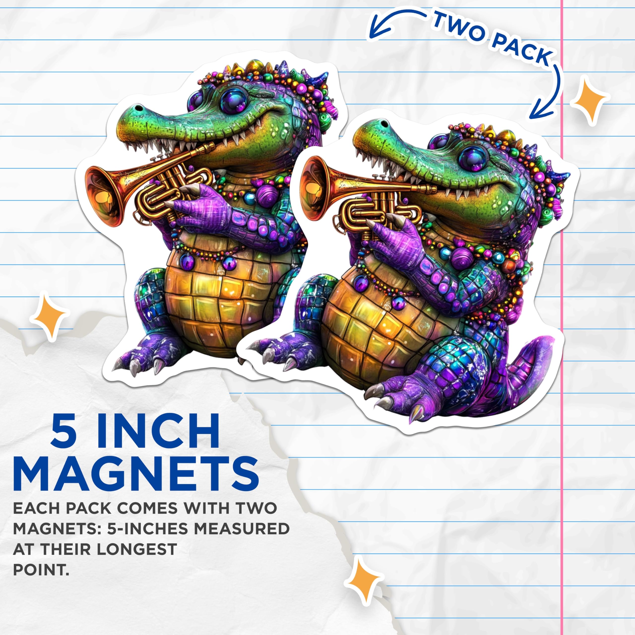 (2 Pack) Alligator Trumpet Magnets - Mardi Gras Gator - New Orleans Decor Magnets - 5" On Longest Side - Premium Magnet - for Cars, Refrigerators, Toolboxes, Lockers - Made in USA - MAG14785