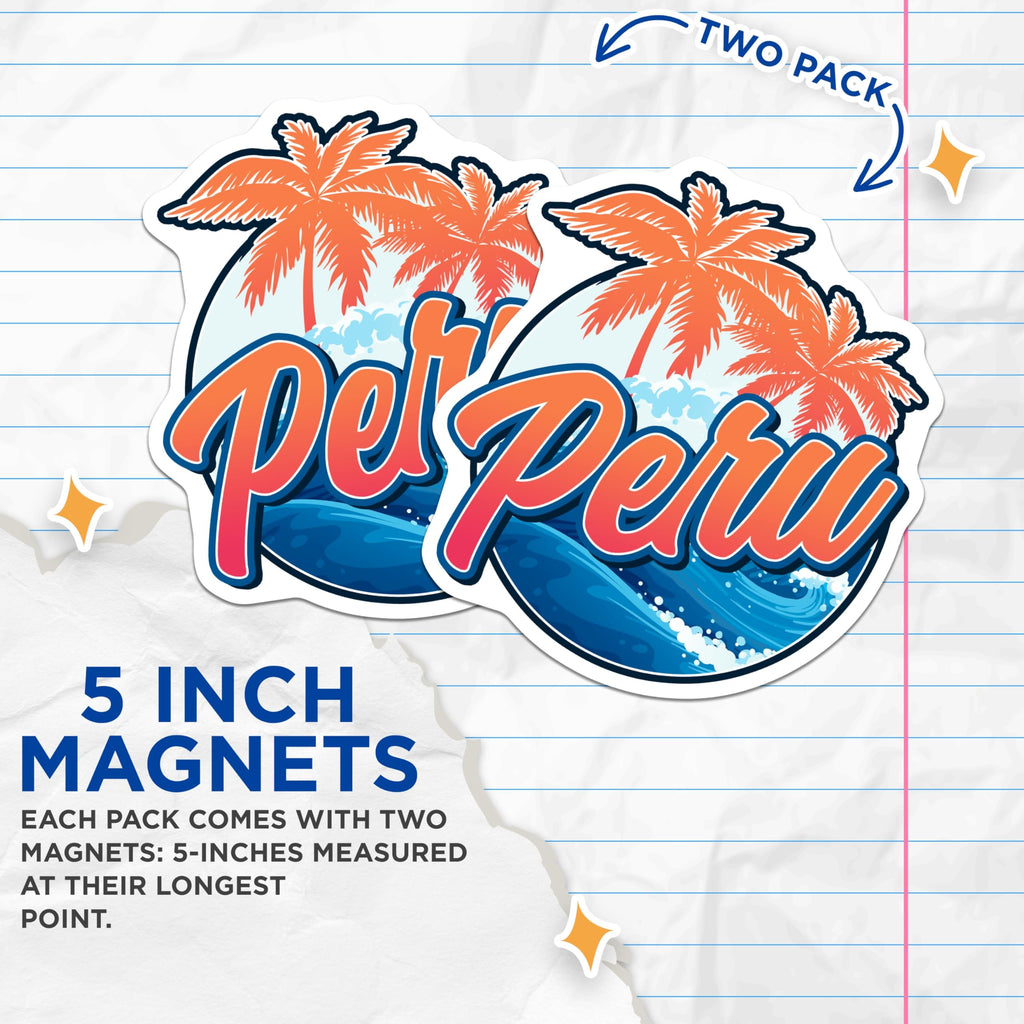 (2 Pack) Peru Magnets - Tropical Palm Tree Vacation Souvenir - South America Travel Decor - 5" On Longest Side - Premium Magnet - for Cars, Refrigerators, Toolboxes, Lockers - Made in USA - MAG17603