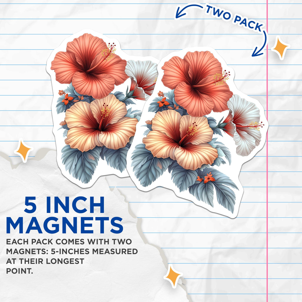 (2 Pack) Tropical Hibiscus Flower Magnets - Exotic Floral Decor - Vibrant Botanical Refrigerator Magnets - 5 Inches On Longest Side - Thick Durable Magnet - Made in USA - MAG25461