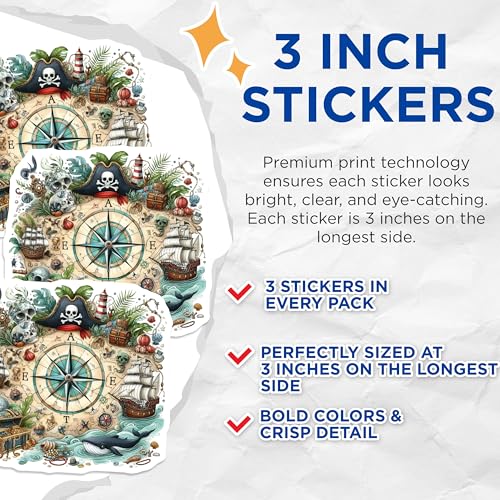 (3 Pack) Pirate Map Decals - Nautical Compass Sticker - Treasure Hunt Laptop Decal- 3 Inches On Longest Side - Easy Peel & Apply - Made in USA - 3MCS5405