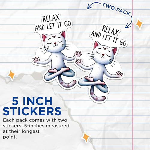 (2 Packs) Relax and Let It Go Meditating Cat Stickers - Peaceful Peace Cat Yoga Decals - 5 Inches On Longest Side - Premium Vinyl Decal - Sticks to Any Smooth Flat Surface - Made in USA - BMCS2420