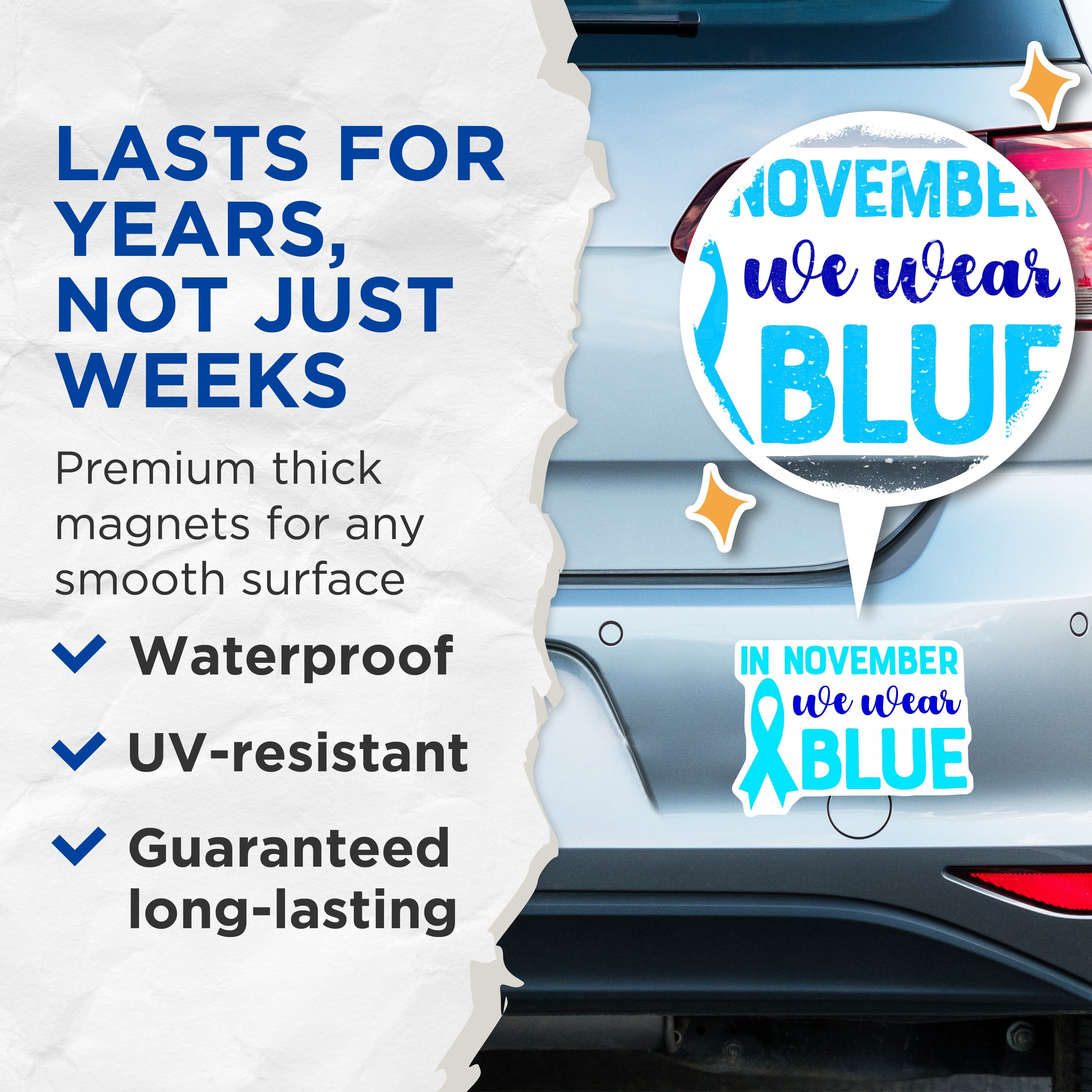 (2 Pack) November We Wear Blue Magnets - Prostate Cancer Awareness - Men's Health Support - Blue Ribbon Tribute - 5 Inches On Longest Side - Thick Durable Magnet - Made in USA - MAG39047