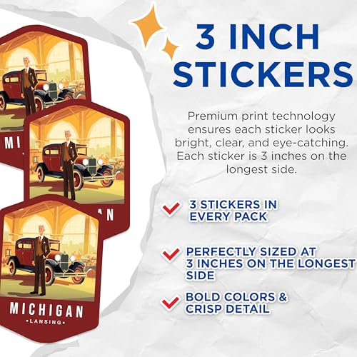 (3 Pack) Michigan Decals - Lansing Decals - Vintage Car Decals - 3 Inches On Longest Side - Easy Peel & Apply - Made in USA - 3MCS0363