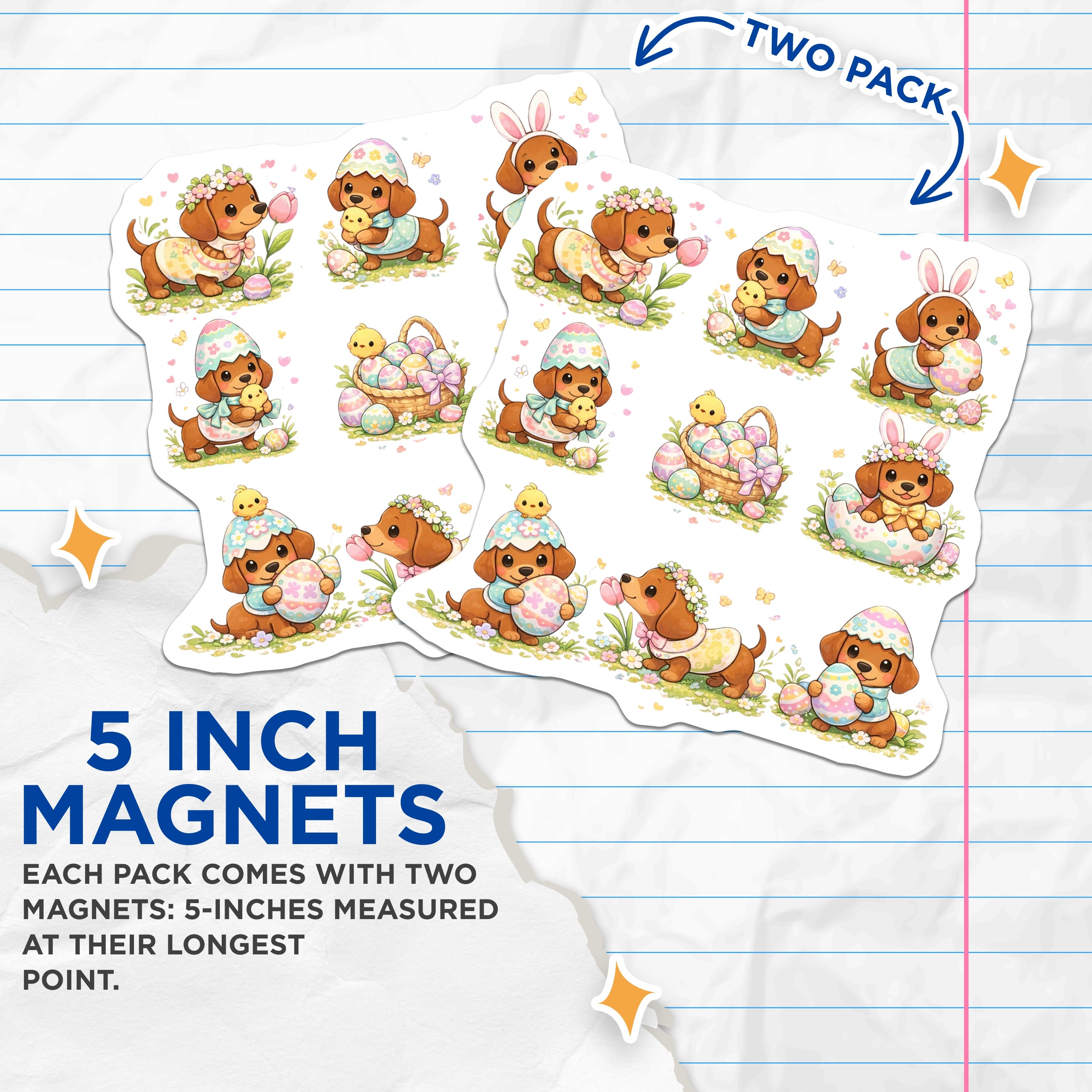 (2 Pack) Easter Dachshund Puppies Magnets - Cute Dog Spring Decor - Kawaii Pet Refrigerator Accessory - 5 Inches On Longest Side - Thick Durable Magnet - Made in USA - MAG36218