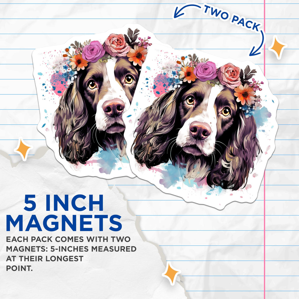 (2 Pack) Watercolor Springer Spaniel Magnets - Flower Crown Dog Art - Pet Lover Home Decor - 5 Inches On Longest Side - Thick Durable Magnet - Made in USA - MAG24294