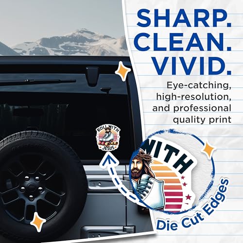 (2 Pack) Roll with Jesus Stickers - Christian Roller Skate Stickers - Inspirational Faith Stickers - 5" On Longest Side - Sticks to Smooth Flat Surfaces - Made in USA - BMCS4378