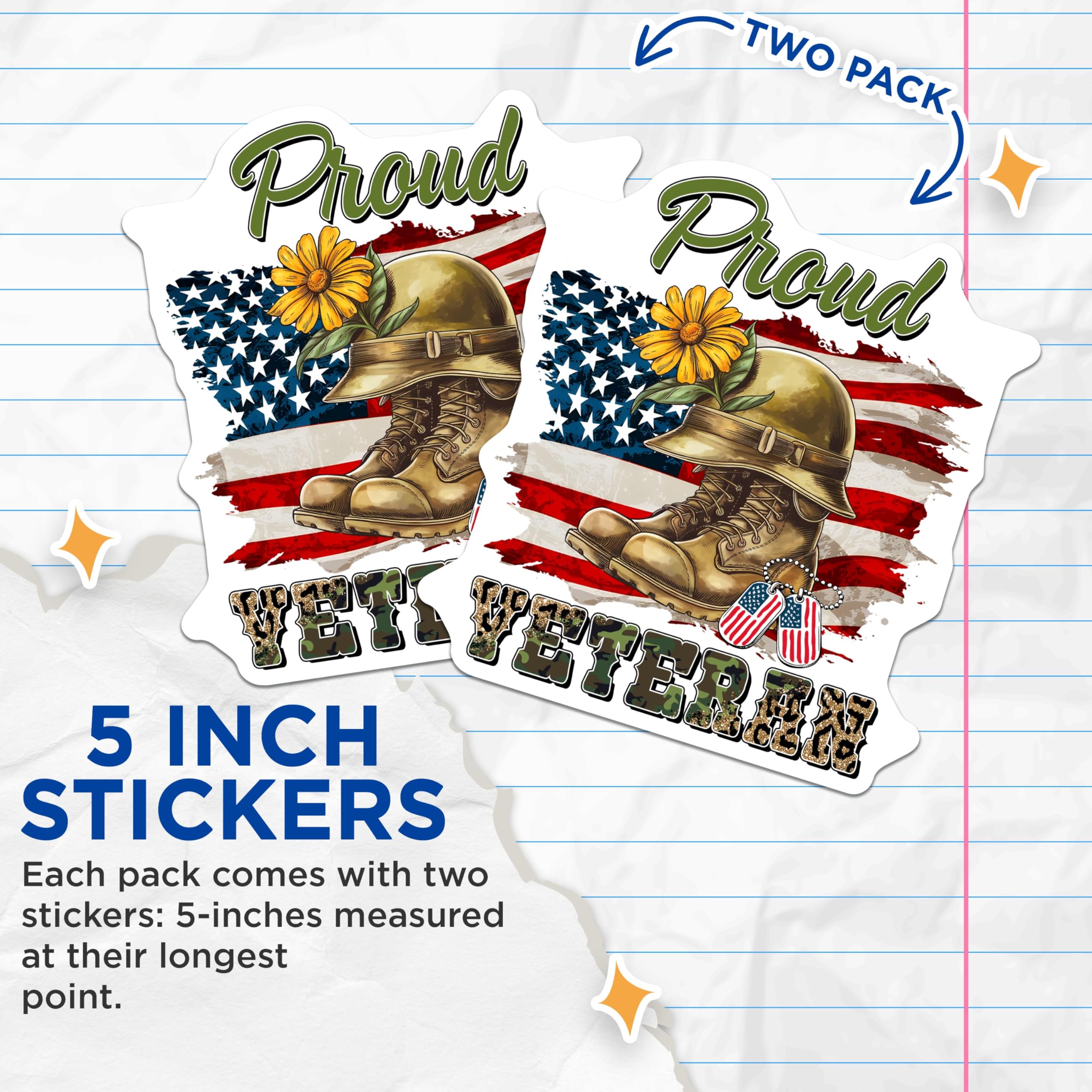(2 Pack) Proud Veteran Stickers - American Flag - Military Helmet Boots Dog Tags - 5" On Longest Side - Sticks to Smooth Flat Surfaces - Made in USA - BMCS8368