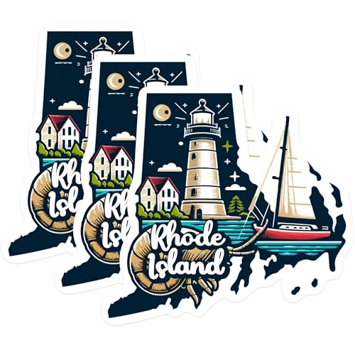 (3 Pack) Rhode Island Decals - Nautical Lighthouse - Sailboat State Pride - 3 Inches On Longest Side - Easy Peel & Apply - Made in USA - 3MCS0160