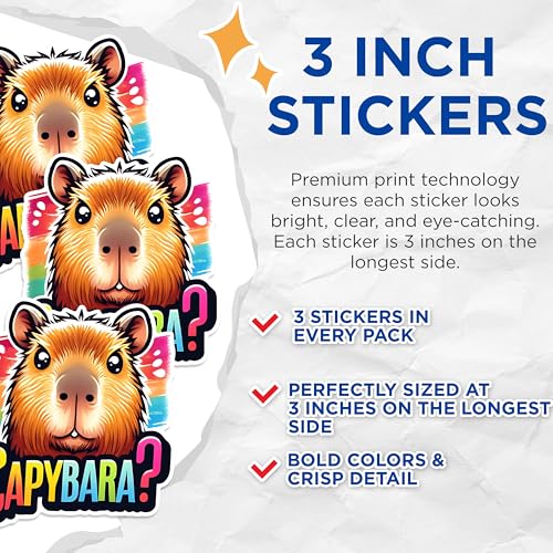 (3 Pack) Capybara Decals - Rodent Stickers - Laptop Decoration - 3 Inches On Longest Side - Easy Peel & Apply - Made in USA - 3MCS1501
