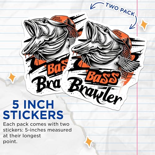 (2 Pack) Bass Brawler Stickers - Fishing Graphic Stickers - Angler Enthusiast Stickers - 5" On Longest Side - Sticks to Any Smooth Flat Surface - Made in USA - BMCS3355