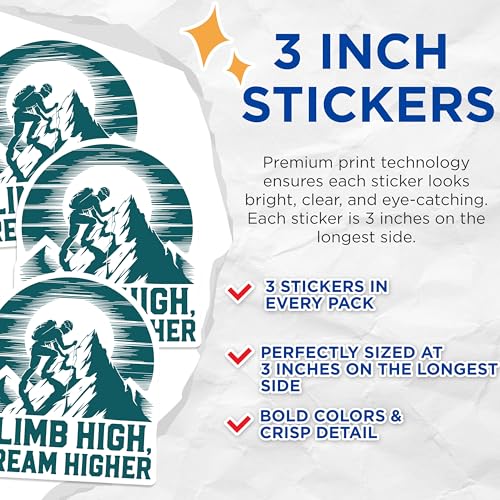 (3 Pack) Climb High Dream Higher Decals - Mountaineering Decal - Inspirational Decal - 3 Inches On Longest Side - Easy Peel & Apply - Made in USA - 3MCS4491