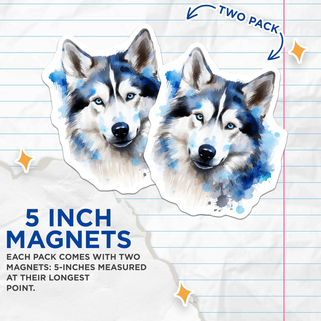 (2 Pack) Watercolor Husky Magnets - Siberian Husky Dog Art - Animal Lover Fridge Decor - 5 Inches On Longest Side - Thick Durable Magnet - Made in USA - MAG28610