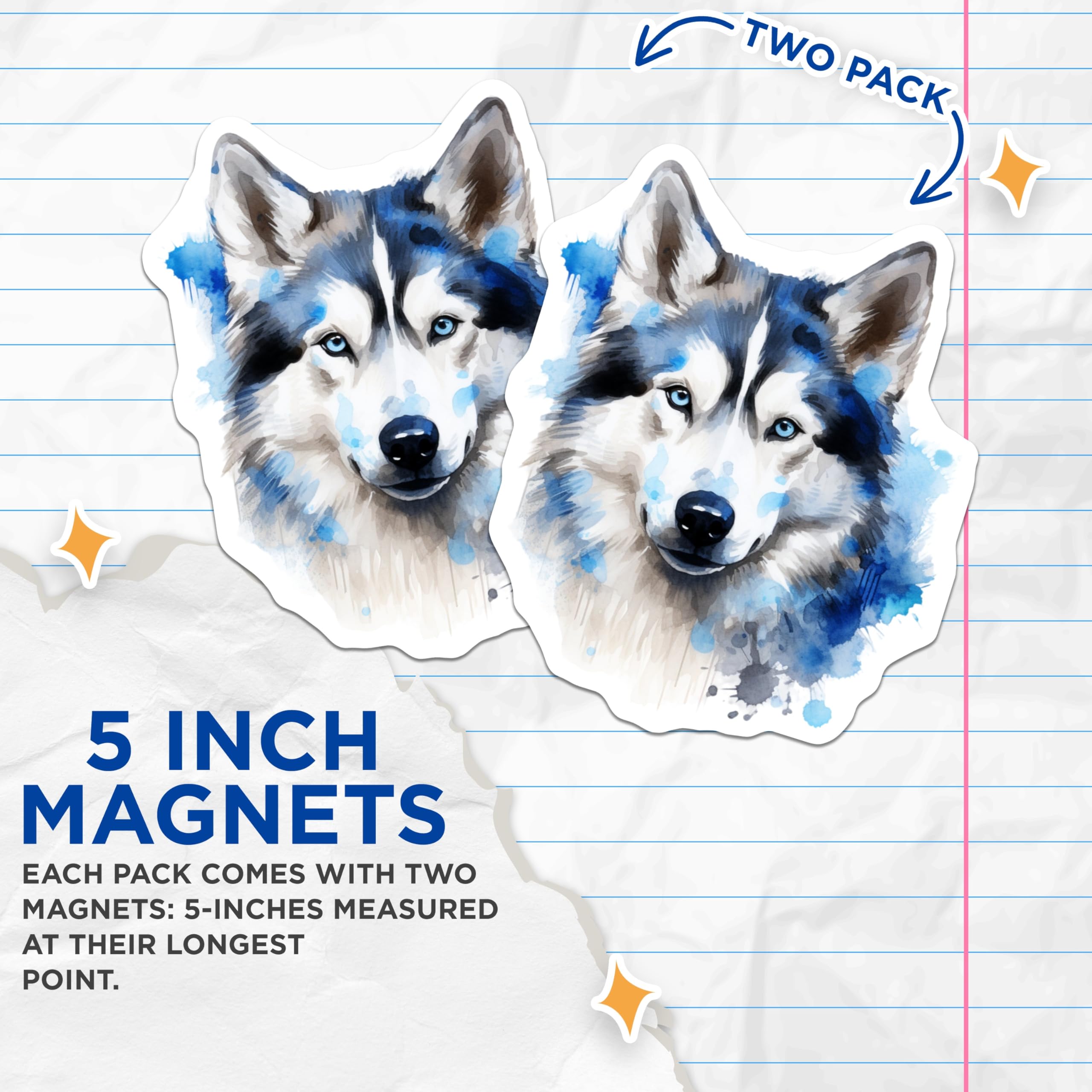 (2 Pack) Watercolor Husky Magnets - Siberian Husky Dog Art - Animal Lover Fridge Decor - 5 Inches On Longest Side - Thick Durable Magnet - Made in USA - MAG28610