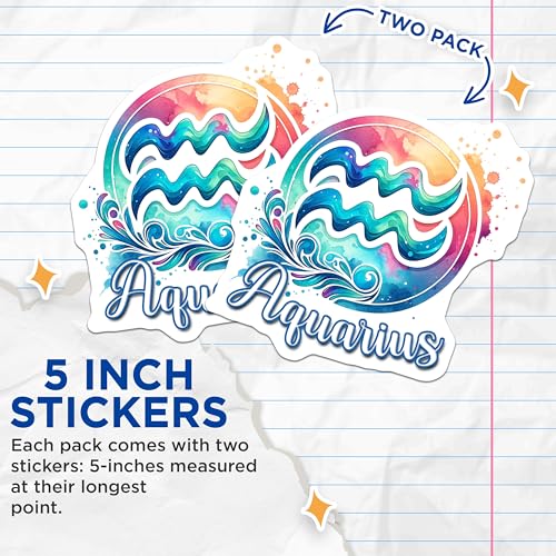 (2 Pack) Aquarius Zodiac Sign Stickers - Astrology Water Bearer Stickers - Horoscope Collection - 5" On Longest Side - Sticks to Smooth Flat Surfaces - Made in USA - BMCS7019