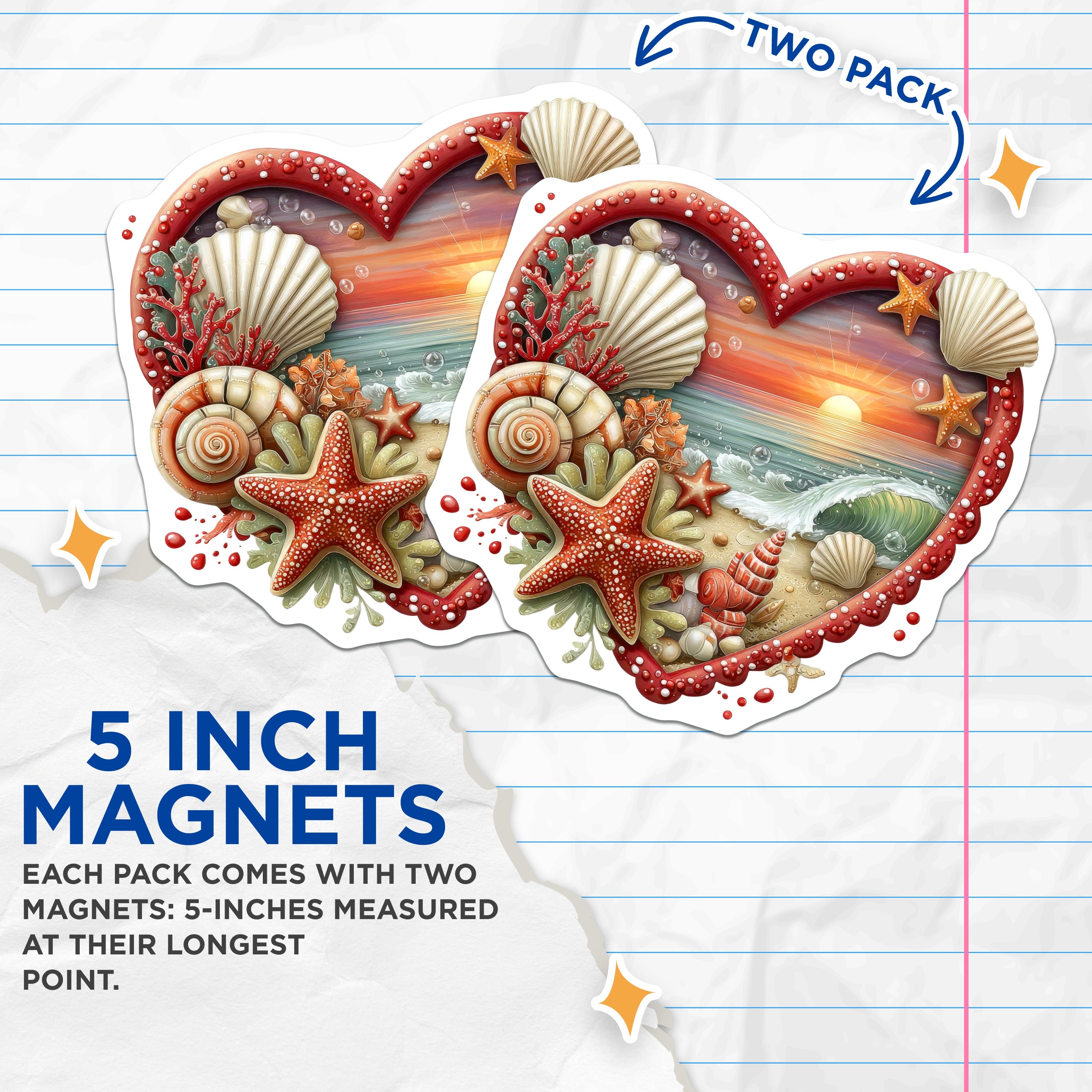 (2 Pack) Ocean Sunset Beach Magnets - Seashell Starfish Art - Coastal Heart Decor for Fridge - 5 Inches On Longest Side - Thick Durable Magnet - Made in USA - MAG37552