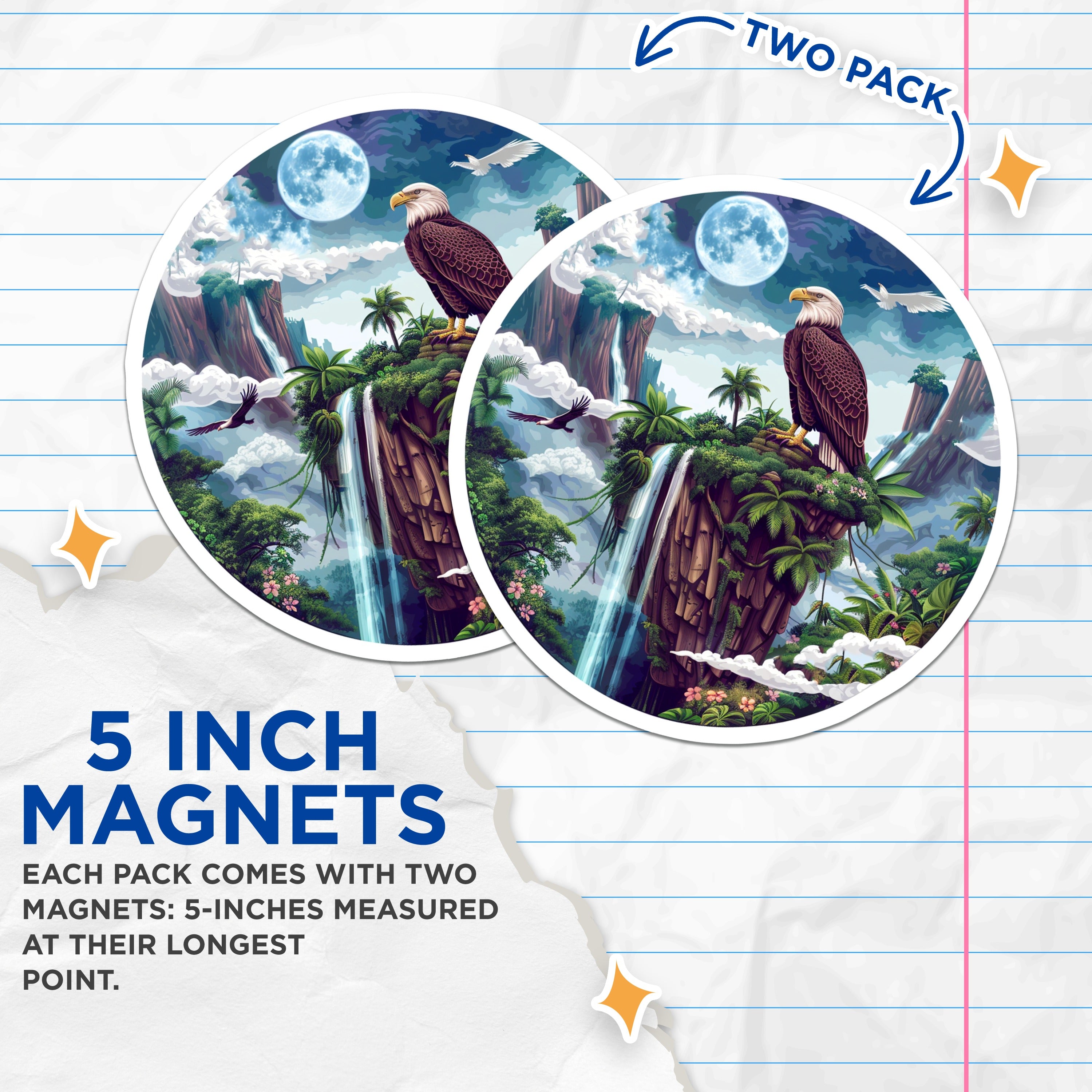 (2 Pack) Bald Eagle Magnets - Nature Scene Art - Fantasy Landscape Decor - Wildlife Illustration - 5 Inches On Longest Side - Thick Durable Magnet - Made in USA - MAG38409