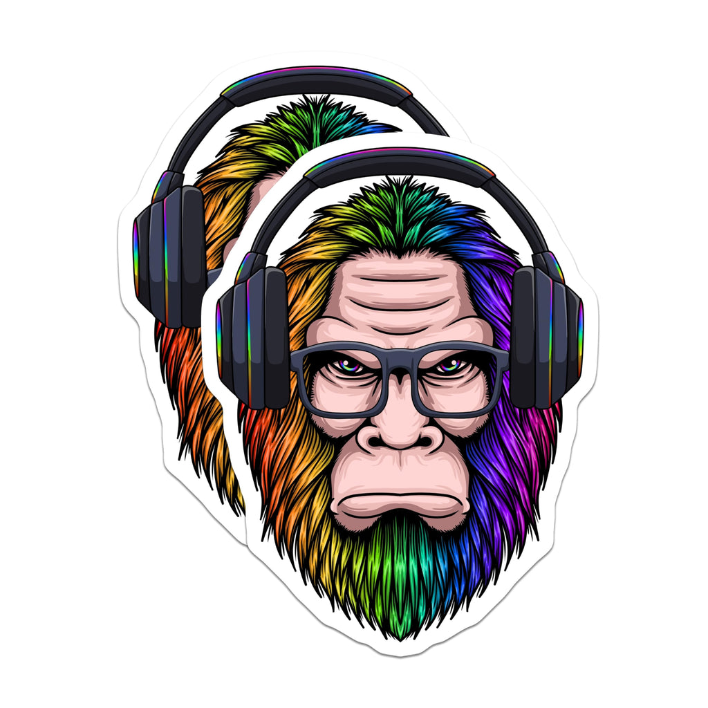 (2 Pack) Rainbow Bigfoot Stickers - Gaming Headphone Sasquatch - Nerd Glasses Decals - 5" On Longest Side - Sticks to Smooth Flat Surfaces - Made in USA - BMCS21659