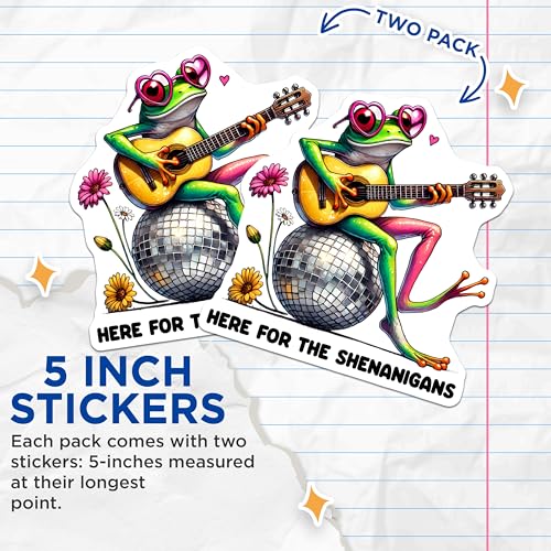 (2 Pack) Here for The Sheigans Stickers - Funny Frog Playing Guitar Stickers - Cute Animal Music Lover Stickers - 5" On Longest Side - Sticks to Smooth Flat Surfaces - Made in USA - BMCS3721
