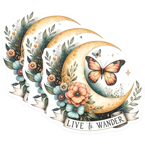 (3 Pack) Butterfly Moon Decals - Floral Laptop Decal - Live to Wander Sticker - 3 Inches On Longest Side - Easy Peel & Apply - Made in USA - 3MCS8491