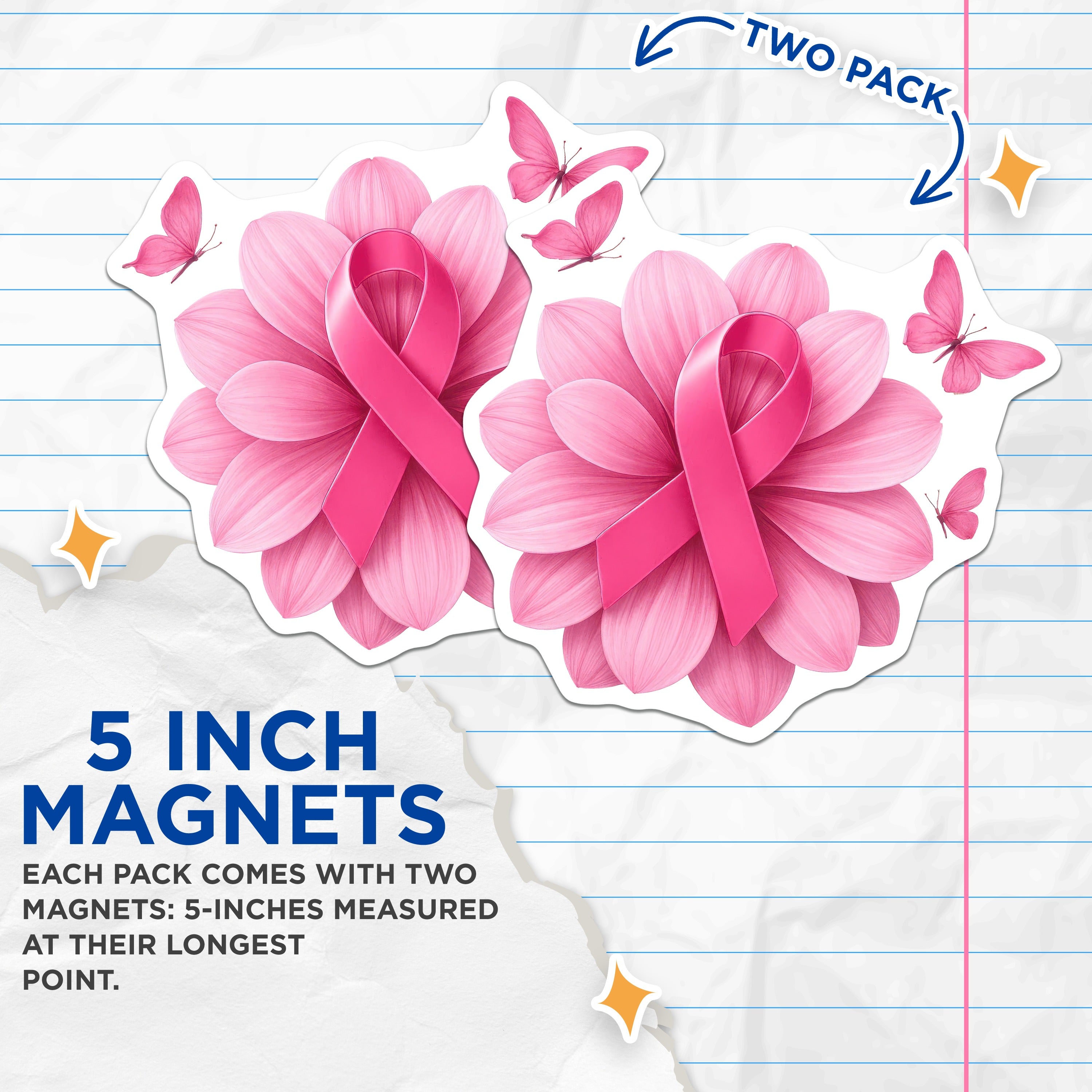 (2 Pack) Breast Cancer Awareness Magnets - Pink Ribbon Flower - Survivor Support Hope Decor - 5 Inches On Longest Side - Thick Durable Magnet - Made in USA - MAG38651