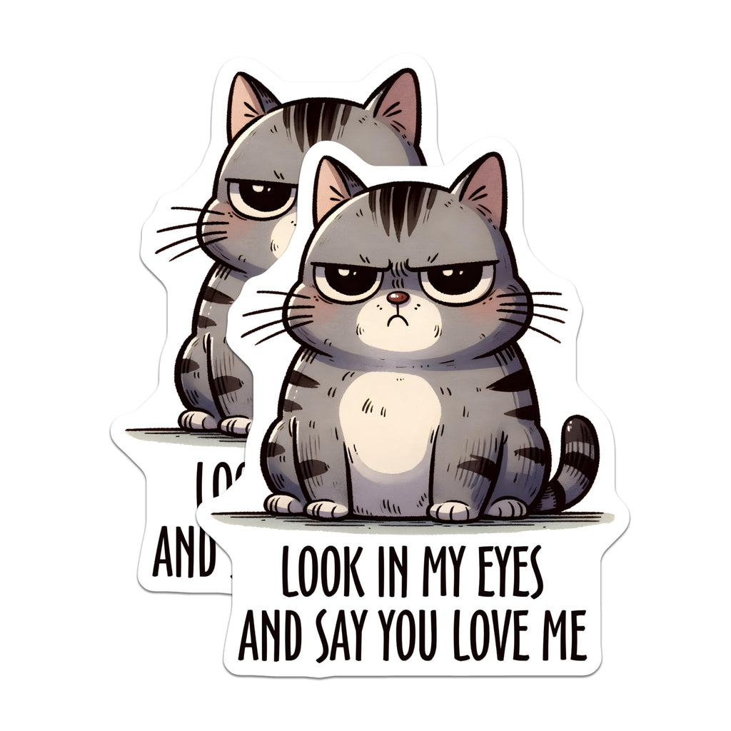 (2 Pack) Look in My Eyes and Say You Love Me Stickers - Grumpy Cat Meme Stickers - Funny Cat Quote Stickers - 5" On Longest Side - Sticks to Any Smooth Flat Surface - Made in USA - BMCS3129