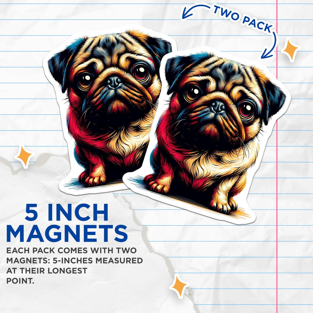 (2 Pack) Pug Dog Magnets - Cute Puppy Illustration - Refrigerator Decorative Accessory - 5" On Longest Side - Premium Magnet - for Cars, Refrigerators, Toolboxes, Lockers - Made in USA - MAG14545