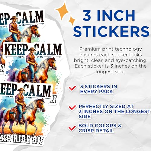 (3 Pack) Cowboy Horse Decals - Keep Calm Ride On - Equestrian Decal- 3 Inches On Longest Side - Easy Peel & Apply - Made in USA - 3MCS5494