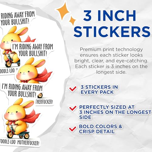 (3 Pack) Funny Bunny Decals - Sarcastic Humor - Offensive Quote - 3 Inches On Longest Side - Easy Peel & Apply - Made in USA - 3MCS8434