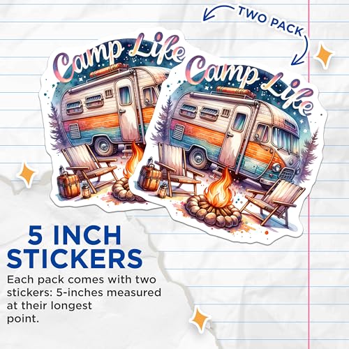 (2 Pack) Camp Life Stickers - Camping Adventure - Outdoor Camper - Summer Campfire - 5" On Longest Side - Sticks to Smooth Flat Surfaces - Made in USA - BMCS6677