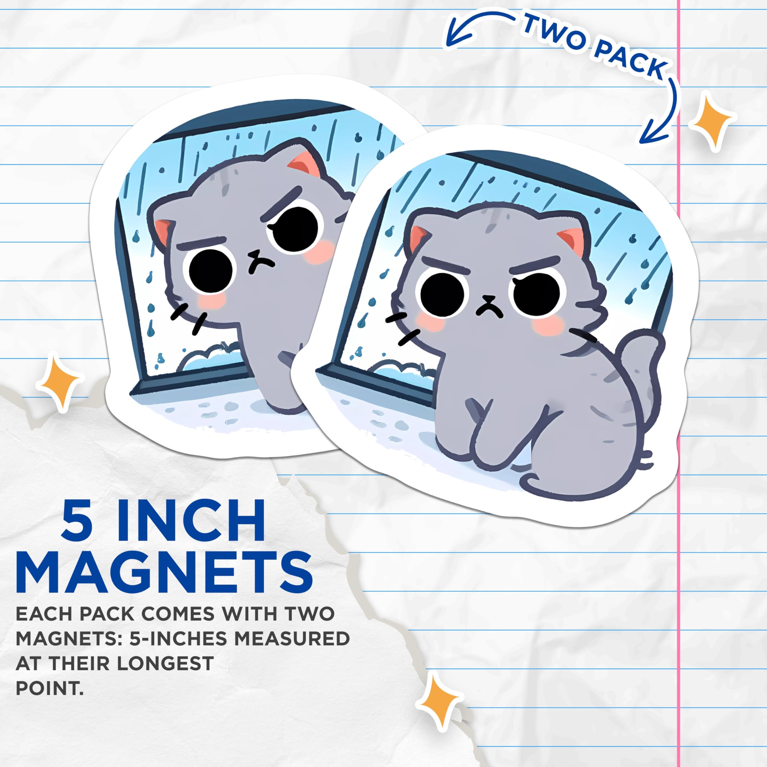 (2 Pack) Grumpy Cat Magnets - Annoyed Kitty Rainy Day Window Feline - Sarcastic Moody Animal Fridge Decoration - 5 Inches On Longest Side - Thick Durable Magnet - Made in USA - MAG21246