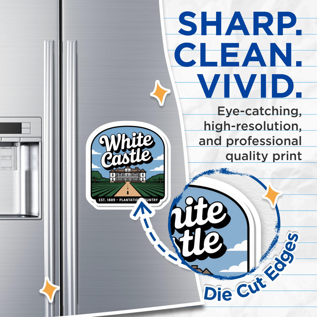 (2 Pack) White Castle Magnets - Plantation Country - Est 1889 Refrigerator Magnets - 5" On Longest Side - Premium Magnet - for Cars, Refrigerators, Toolboxes, Lockers - Made in USA - MAG18327