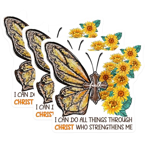 (3 Pack) Butterfly Faith Decals - Sunflower Christian Decals - Inspirational Bible Verse Decal - 3 Inches On Longest Side - Easy Peel & Apply - Made in USA - 3MCS4971