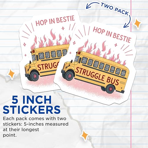 (2 Pack) Hop in Bestie Struggle Bus Stickers - Funny Motivational Stickers - Humorous Life Struggles Stickers - 5" On Longest Side - Sticks to Smooth Flat Surfaces - Made in USA - BMCS5777