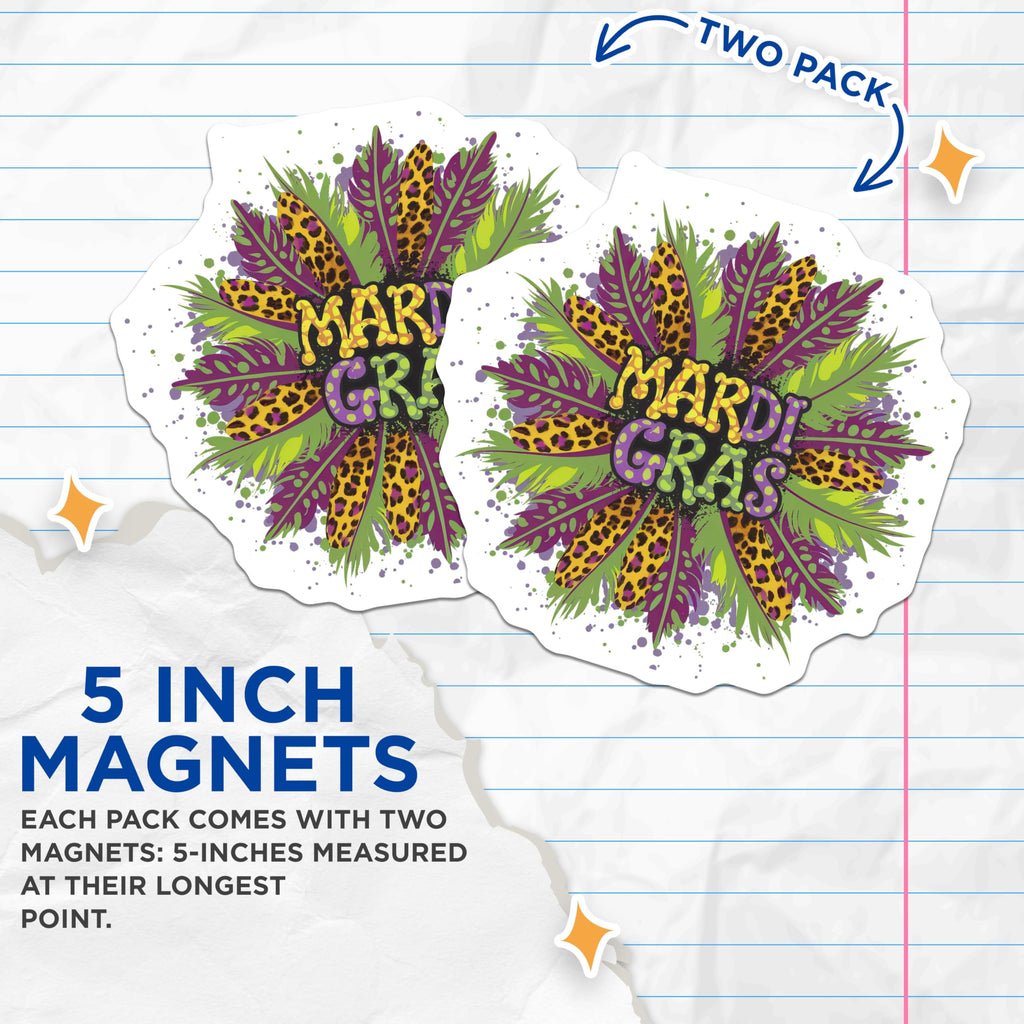 (2 Pack) Mardi Gras Magnets - Leopard Print Feathers - Celebration Magnet - 5" On Longest Side - Premium Magnet - for Cars, Refrigerators, Toolboxes, Lockers - Made in USA - MAG14567