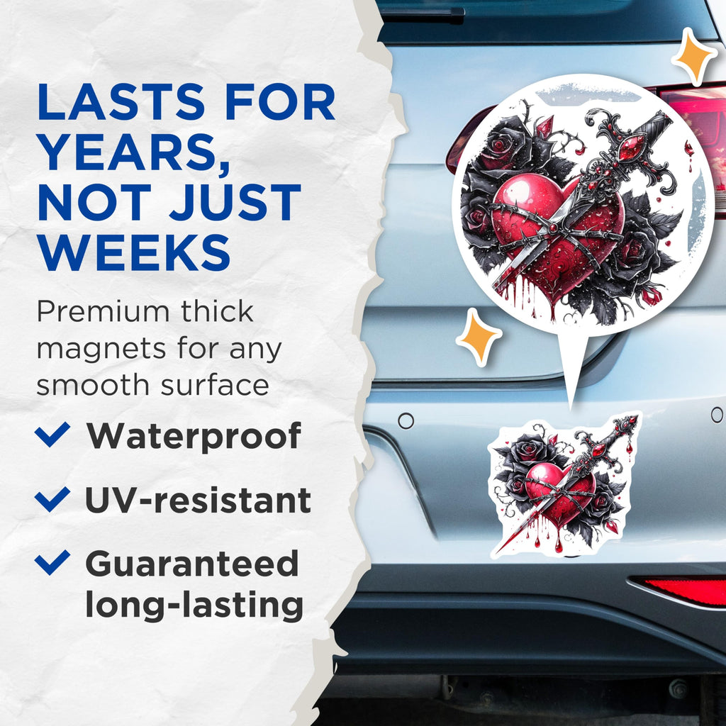 (2 Pack) Heart and Sword Magnets - Gothic Decor - Dark Romantic Magnets - 5" On Longest Side - Premium Magnet - for Cars, Refrigerators, Toolboxes, Lockers - Made in USA - MAG14477