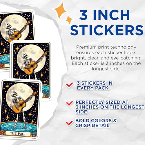 (3 Pack) Skeleton Guitarist Decals - Pool Tarot Card - Laptop Decals - 3 Inches On Longest Side - Easy Peel & Apply - Made in USA - 3MCS4249